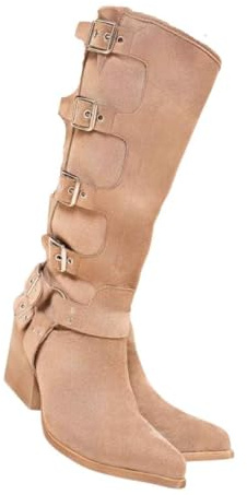 iKrush Black Faux Suede Knee High Boots with Block Heel, Buckle Strap & Almond Toe