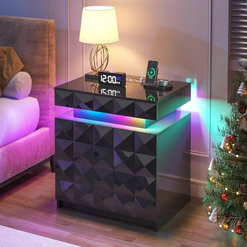 FREDEES LED Nachttisch mit Ladestation, 3 Schubladen und Abschließbarem | Verstecktem Stauraum, Intelligenter Human-Sensor RGB-Beleuchtung