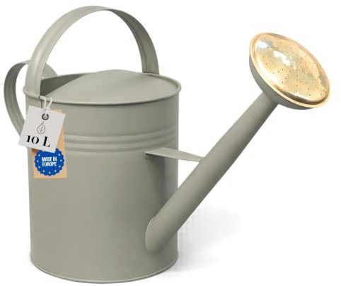 LIVLIG Gießkanne 10l Metall Moosgrau, Premium Giesskanne mit Messingbrause | Schöne Retro Gießkanne für Garten & Balkon, Giesskanne 10 Liter mit abnehmbarer Brause und beweglichem Henkel