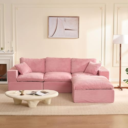 Litbird Modulares Ecksofa & Schlafsofa, 268 cm L-förmige Cloud Couch mit hochwertiger Komfortschaum, Montagefrei, Tiefe Sitzfläche, Cordstoff, Verwandlungssofa für Wohnzimmer,Rosa
