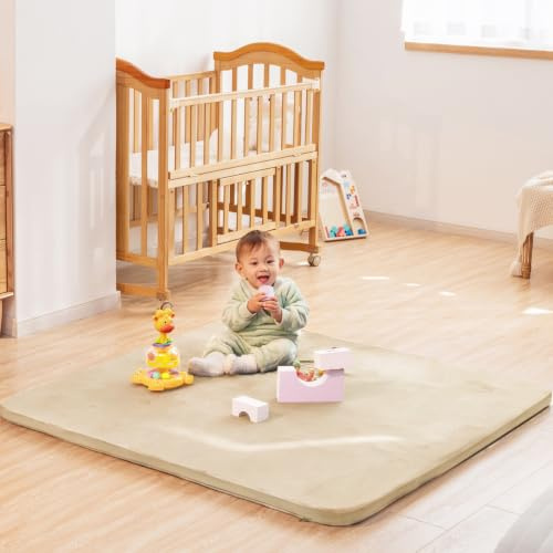 Uniency Krabbelmatte Baby,127x127x3cm Dicke,Schaum Spielmatte Baby, Beige | Krabbeldecke, Weich, mit Waschbarer Abnehmbarem Überzug, für Babys, Kleinkinder und Säuglinge Teppich Kinderzimmer