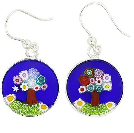 Millefiori Pendientes colgantes redondos Árbol de la vida -Plata