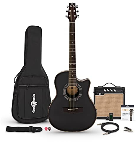 Roundback-Elektroakustikgitarre, Schwarz, im Paket mit 15-Watt-Verstärker