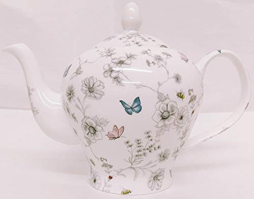 Secret Garden Teapot Large Fine Bone China Flowers Butterflies & Bees Teapot (6 Cups Capacity) Hand Decorated in UK