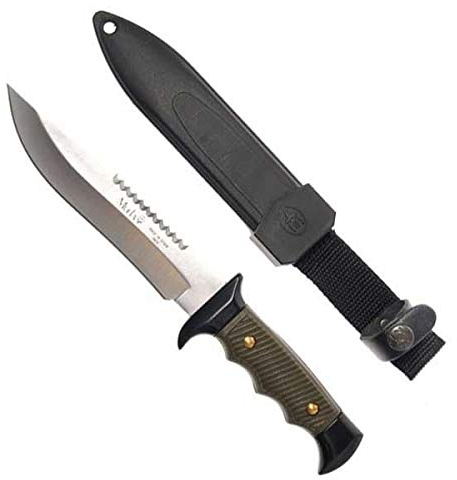 Muela Cuchillo 5161 hoja de acero MoVa de 16 cm y empuñadura de ABS verde para Caza, Pesca, Supervivencia y Bushcraft Realizado en Ciudad Real + Portabotellas de regalo