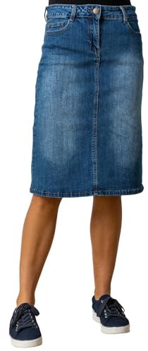 Roman Originals Denim Skirt with Pockets for Women UK - Ladies Jean Skirts Cotton Stretch Mid Wash Fitted A Line Casual Smart Work Office Knee Length Flattering Slimming - Denim - Size 12