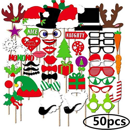 Longsing Weihnachten Fotoaccessoires Weihnachten Requisiten Zubehör 50 Stück Weihnachten Funny Photo Requisiten für Weihnachten Event Party Gefälligkeiten und Weihnachtsschmuck Kunsthandwerk