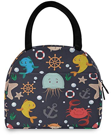 linomo Lunch Tasche Karikatur Qualle Krabbe Fisch Anker Kühltasche Isoliertasche Brotdose Handtasche für Kinder Jungen Mädchen Damen Männer