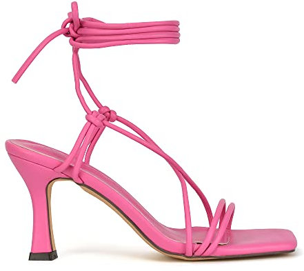 Womens Mid High Heel Lace Up Sandals Ladies Strappy Square Toe Party Shoes Size 3-8 (Fuchsia Synthetic Leather, Numeric_3)