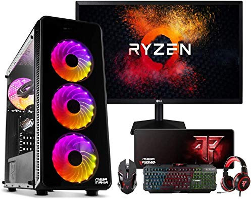 Megamania PC Gaming AMD Ryzen 7 5700G Ordenador de sobremesa 4.6GHz Turbo Octa Core | 16GB DDR4 | SSD 480GB | Gráfica AMD Radeon Vega 8 | Monitor 24 Curvo LED FullHD | Kit teclado ratón y cascos