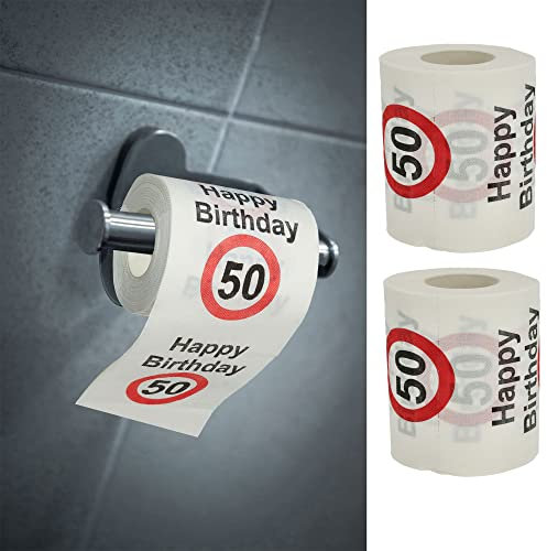 Lot de 2 feuilles de papier toilette « Happy Birthday 50 » - 2 couches - 180 g/m² - Papier toilette - Papier toilette à motif - 2 x papier toilette 50