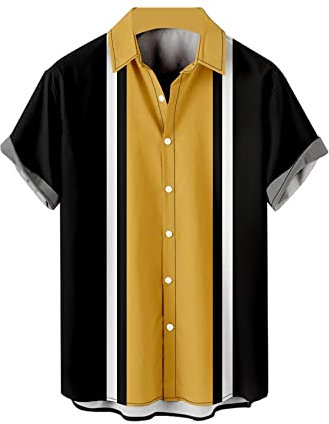 Chemise de bowling boutonnée à manches courtes pour homme - Style hawaïen - Décontractée - Coupe droite, jaune, Taille S