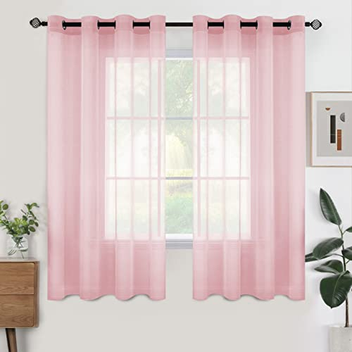 Woaboy Voile Gardinen Kurz Vorhänge Transparent Wohnzimmer mit Ösen Stores Gardinen Schlafzimmer Ösenvorhang Scheibengardine Schlaufengardinen Modern 2er Set 140x175 cm (B x H) Rosa