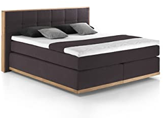 Mivano Levana Boxspringbett mit Sockel aus Eiche, 7-Zonen-Federkern, Matratzen H2/H3 + Topper Basic, Chenille, Dunkelbraun, Liegefläche 180 x 200 cm