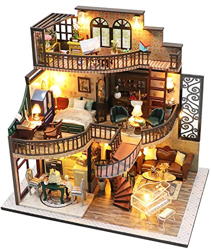 Spilay Diy Miniature House Kit, Wooden Mini Doll house with Furniture and Dust Cover and Music Box, 1:24 Creative Room Idea Gift for for Christmas Valentine's Day - (Dream Building Pavilion) M2132