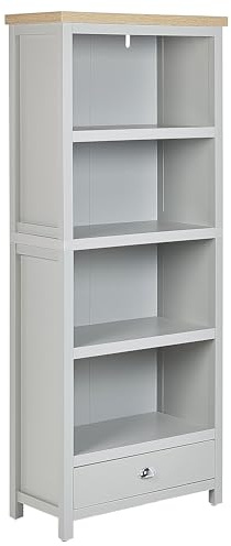 Beliani Hohes Bücherregal grau/Heller Holzfarbton 4 Fächer 1 Schublade Landhaus Clio