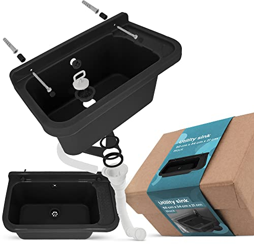 Waschbecken mit Regal 50 x 34 x 21 cm Schwarz | Spülbecken Ausgussbecken Waschtrog Becken Ablage Überlauf Gewerbe Waschraum Garten Garage Keller Werkstatt Waschküche Außenwaschbecken Gartenwaschbecken