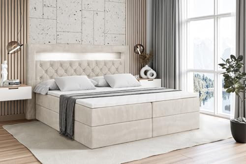 ALTDECOR Boxspringbett mit Matratze und Lattenrost, LED Boxbett, Topper, Polsterbett mit Bettkasten, Bett mit Stauraum H4-Matratze, Doppelbett, Springboxbett - Noel Gold - 180x200 - Beige Samt