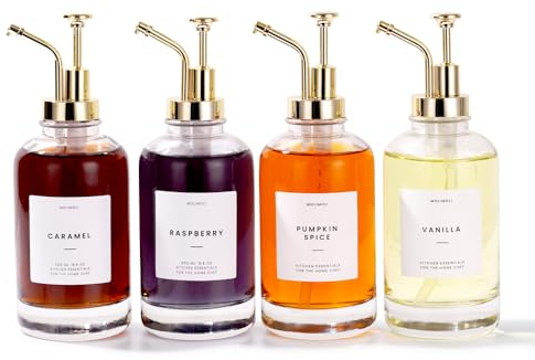 Molimoli Kaffeesirupspender für Kaffeebar, Kaffeepumpspender, Glas-Sirupflasche mit Pumpe, Ahorn-/Kaffeesirupflaschen, 4 Stück mit Etiketten, Gold