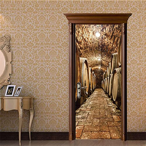 Sticker Porte Trompe L'Oeil Effect Papier Peint 3D Pour Porte Intérieure Bureau Chambre À Coucher Salon Cave À Vin Sous-Sol Tonneaux De Vin 90 X 200 Cm - Photos De Porte - Peintures Murales De Porte