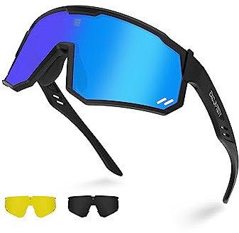 Excoutsty Polarisierte Sport-Sonnenbrille für Herren und Damen, UV400, winddicht, Radsport-Sonnenbrille mit 3 austauschbaren Gläsern (Black Blue)