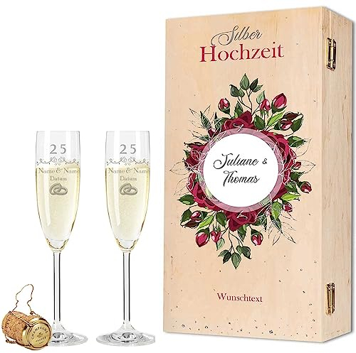 Leonardo Sektgläser mit Gravur - Silberhochzeit 25 Jahre - Personalisiert mit Namen & Datum inkl. Holzkiste - Geschenk zur Hochzeit Verlobung Jahrestag - Farbe: Sekt