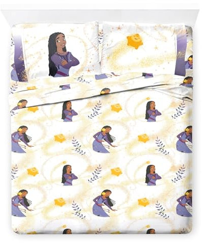 Jay Franco Disney Wish Bettwäsche-Set in voller Größe, superweiches 4-teiliges Kinder-Bettwäsche-Set mit Asha, Valentino und Wishing Star – Mikrofaser-Bettlaken inklusive wendbaren Kissenbezügen