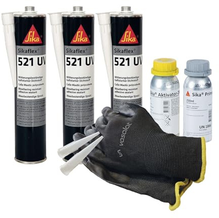 Sikaflex 521 UV grau 3x 300ml Kleb- und Dichtstoff mit Aktivator 205 und Primer 210 - zur Abdichtung von Buntmetall mit 5 Düsenspitzen