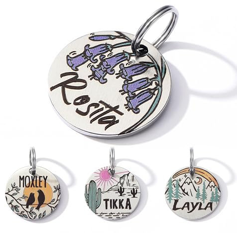 Nicovang Farbige Hundemarke mit Gravur, Personalisierte Hundemarke aus Edelstahl, Gravierte Hundeanhänger mit Name, Tiermarke für Hunde und Katzen, Hund Namensschilder für Halsband (Glockenblume)