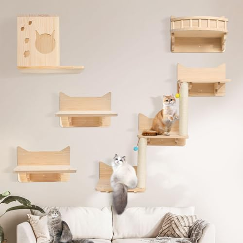 Ricyea Kletterwand Katzen, 5-teiliges Wandregal Set aus Holz Stabiles Katzenwandmöbel mit Katzentreppe, Katzenhaus, Katzenplattform, Katzenwand & Kratzbaum