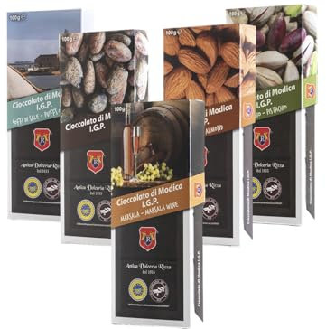 Sicilia Bedda - CIOCCOLATO DI MODICA IGP - 5 Barrette da 100 Grammi - CIOCCOLATO Antica Dolceria Rizza FONDENTE SENZA GLUTINE (Sale/Pistacchio/Tradizionale/Mandorla/Marsala)