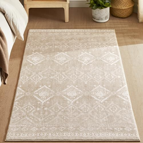 SONGMICS HOME Boho Teppich, 80 x 150 cm, Schlafzimmer Teppich, Wohnzimmerteppich, rutschfesterteppich, waschbarerteppich, flauschig, Dekoration, für Wohnzimmer, cappuccinobeige TAR026K01