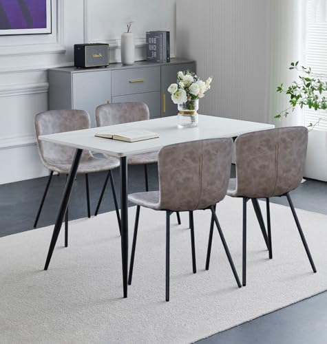 Hallowood Furniture Cullompton Rectangular Dining Table and Chairs Set 4, White Marble Effect Top Small Kitchen Table and Chairs in Upholstered Taupe Faux Leather with Metal Legs for Home & Café
