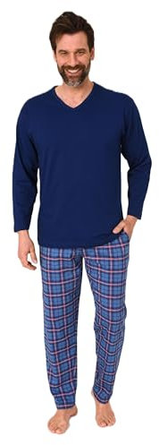Normann Herren Schlafanzug lang mit Jersey Pyjama Hose in Karo Optik - auch in Übergrößen, Farbe:Marine, Größe:48