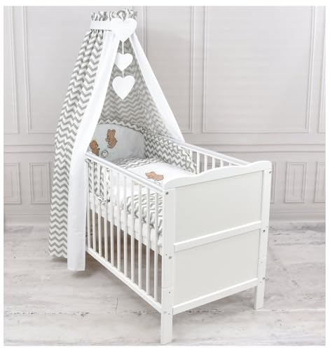 Generisch Baby Delux Babybett Komplett Set Kinderbett 60x120 cm umbaubar zum Juniorbett weiß 10-TLG Max Bettset Matratze Chiffonhimmel (Wippe Zick Zack)