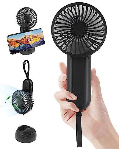KALAHOL Ventilateur Portable 6000mAh, 4 Vitesses Mini USB Ventilateur à Main avec Corde, Rechargeable Ventilateur de Bureau Pliable Disponible Pendant 6 à 20 Heures pour Bureau, Extérieur, Noir