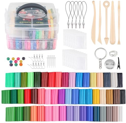 Polymer Clay Set, 50 Colors Nontoxic Oven Bake Soft DIY Modelling Clay with Tools, Accessories, User Manual and Storage Box, Crafts Gift for Kids/Beginners/Adults