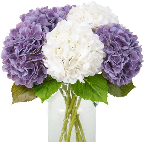 JUSTOYOU Fiori di ortensia artificiali, 4 pezzi, doppio colore, stelo lungo singolo, realistico, 40 cm, grande ortensia finta al tatto, per matrimoni, casa, feste (bianco, viola chiaro)