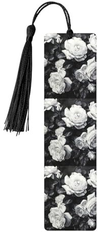 Holz-Lesezeichen mit schwarz-weißem Rosen-Druck, bunte Quasten, elegant, Retro-Lesezeichen für Buchliebhaber