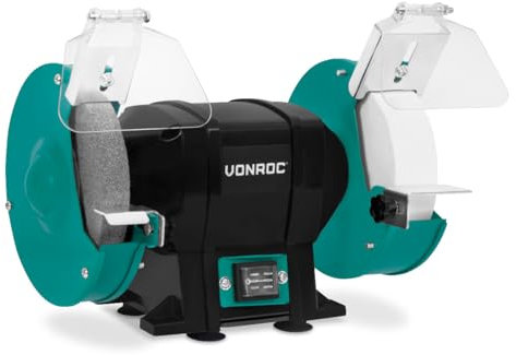 VONROC Smerigliatrice da Banco VONROC 250W - Doppie Pietre Abrasive P35/P60, Motore Silenzioso, Sicurezza Avanzata