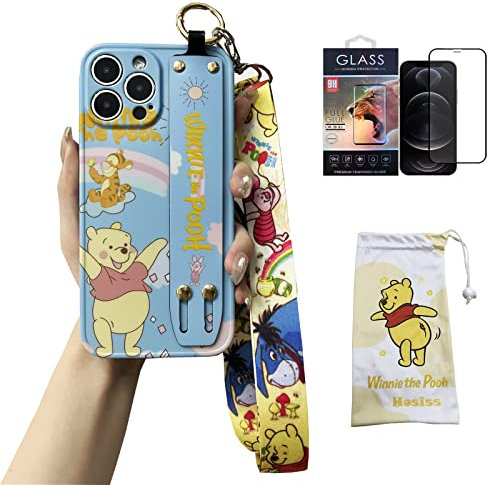 Hosiss Cartoon Case for iPhone 16 6.1'' with HD Screen Protector, Winnie Upgraded Wrist Strap Band Adjustable Lanyard TPU Shockproof Protective Phone Case for Women Girls