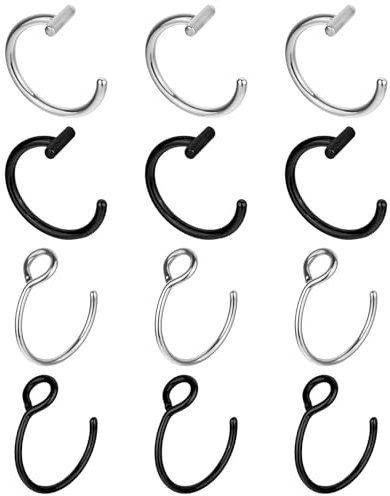 Psyqtsuary Fake Lip Ring, 12 Pcs Stainless Steel Fake Lip Piercing 8mm Fake Nose Ring Clip On Nose Ring Ear Cuffs Non Piercing Jewelry for Women Men (Silver, Black)