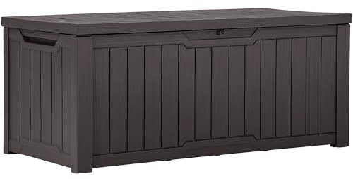 YITAHOME Outdoor Storage Box, 120 Gallon Waterproof Deck Box for Garden Tools, Patio Cushions, and Pool Accessories, Lockable, Easy Assembly, Versatile Bench or Table (Dark Brown)