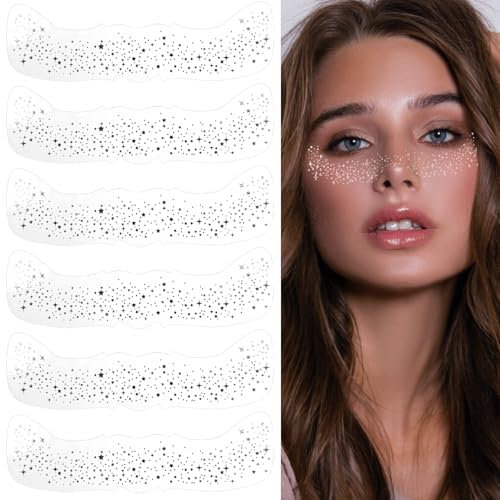AOZUO 6 hojas autoadhesivas con purpurina para la cara, pegatinas de pecas, tatuajes flash, pegatinas para la cara para niñas y mujeres jóvenes para vacaciones, carnaval, fiesta, festivales (plata-B)