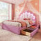 Merax Kinderbett 140x200 Polsterbett mit LED, Kronenförmiges Prinzessinnenbett mit 2 Schubladen, Prinzessinnenbett in Kronenform, Verstellbares Kopfteil, PU, Rosa, Ohne Matratze