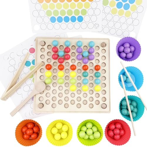 Cigrubo Giocattoli Montessori in Legno, Giochi Educativi di Motricità Fine, Arcobaleno Perline Puzzle per Bambini, Gioco di Classificazione e Impilamento, Regalo Perfetto per Ragazzi e Ragazze