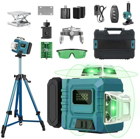 Kreuzlinienlaser mit Stativ, 4D 16 Linienlaser Grün Kreuzlaser mit 2x3000mAh Batterien, 4 x 360 °Laser Wasserwaage Selbstnivellierend, Linienlaser kreuzlaser Baulase mit LED-Anzeige & IP54 Wasser