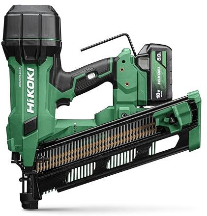 HiKOKI Chiodatore a batteria 21° – 18 V, chiodi da 50 – 90 mm – potente luce LED, motore senza brushless, trasmissione a molla d'aria, regolazione della profondità senza attrezzi – Include 2 batterie