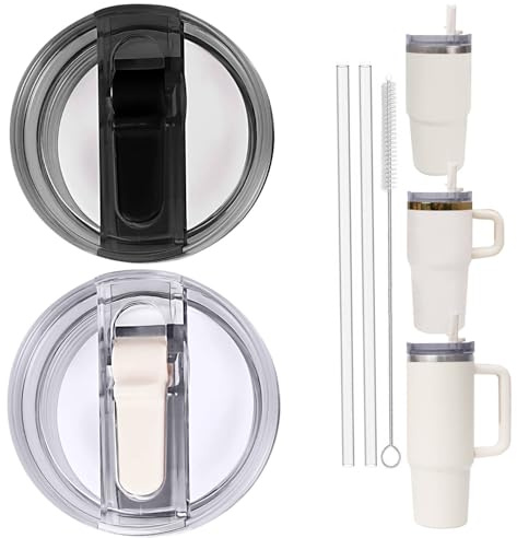 2PC Replacement Leak Proof Tumbler FLIP Lid With Straw - Fit For Stanley ProTour Quencher and Quencher H2.0 20oz,30oz Tumbler (Cream AND Black, 20oz and 30oz)