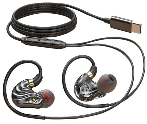 Holiper Cuffie con Filo USB C, Auricolari Cablati Hi-Fi a Doppio Driver, Cavo da 1,2 Metri Sport Cuffiette con Gancio Orecchio, Wired in Ear Headphones per Musica Cellulare Laptop PC MP3 Player
